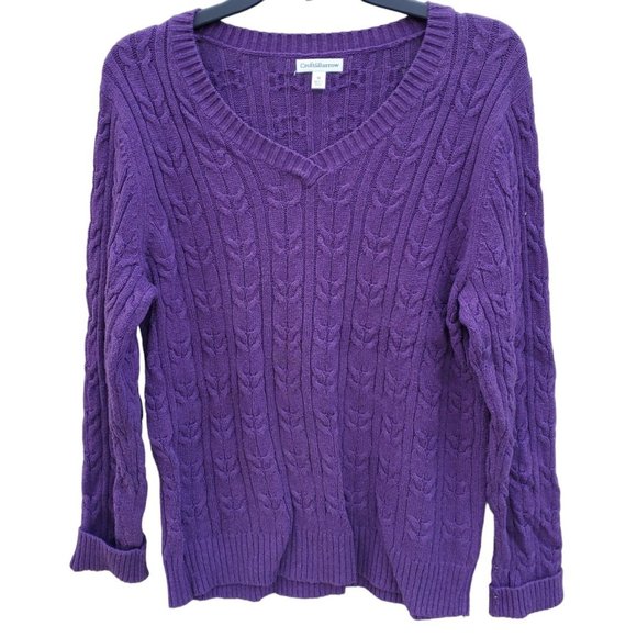Croft And Barrow Purple Cable Knit Sweater Extra Long Sleeves V Neck Medium - Picture 1 of 3